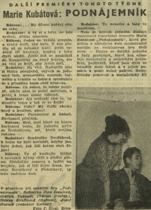 Další premiéry tohoto týdne. Marie Kubátová - Podnájemník. In Čs. rozhlas a televize 51-1960 (20. 12. 1960), s. 4