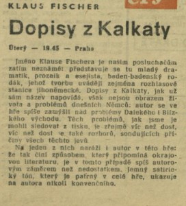 Dopisy z Kalkaty. In Čs. rozhlas 4-1968 (16. 1. 1968), s. 16 (anotace)