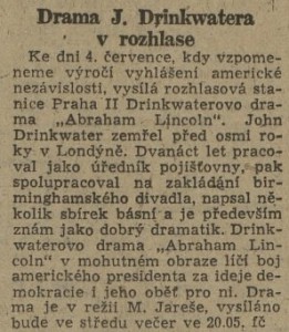 Drama J. Drinkwatera v rozhlase. In Práce 48-1945