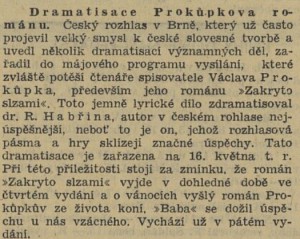 Dramatisace Prokůpkova románu. In Venkov, 19. 4. 1940