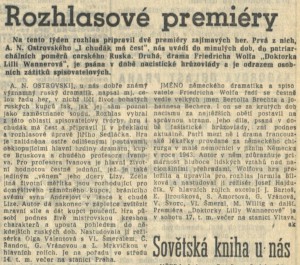 Dvě rozhlasové premiéry. In Svobodné Slovo, 14.08.1974, 30(191), s. 5