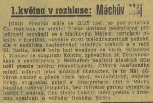 Gm - 1. května v rozhlase - Máchův Máj. In Lidová demokracie, 119-1967 (1. 5. 1967), s. 4 (článek).