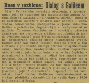 Gm - Dnes v rozhlase - Dialog s Galileem. In Lidová demokracie 112-1967 (23. 4. 1967), s. 4 (článek).