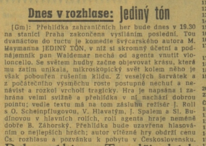 Gm - Dnes v rozhlase - Jediný tón. In Lidová demokracie 131-1967 (14. 5. 1967), s. 4 (článek).