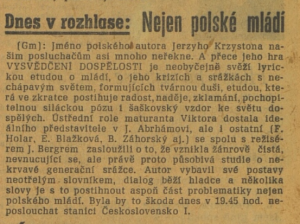 Gm - Dnes v rozhlase - Nejen polské mládí. In Lidová demokracie 110-1967 (21. 4. 1967), s. 5 (článek).