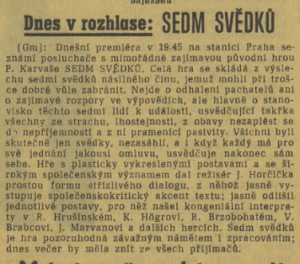 Gm - Dnes v rozhlase - Sedm svědků. In Lidová demokracie 85-1967 (26. 3. 1967), s. 4 (článek).