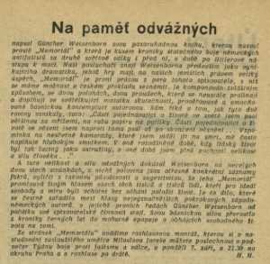 H. H. - Na paměť odvážných. In Čs. rozhlas a televize 37-1964 (1. 9. 1964), s. 3 (článek).