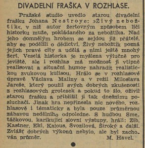 Havel - Divadelní fraška v rozhlase. In Venkov 36, 1941, 28.8., č. 202, s. 2