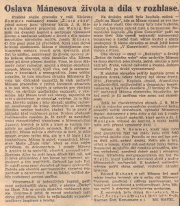 Havel, Miloslav - Oslava Mánesova života a díla v rozhlase. In Národní listy, 9. 1. 1940, s. 3 (recenze).