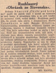 Havel, Miloslav - Rozhlasový Obrázek ze Slovenska. In Národní listy, 16. 1. 1940, s. 3 (recenze).