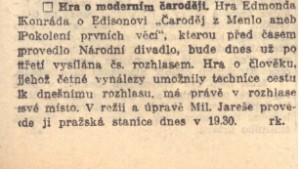 Hra o moderním čaroději. In Národní listy, 3. 9. 1939, s. 5 (noticka).