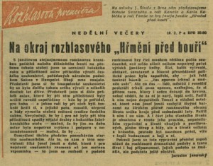 Janovský, Jaroslav - Na okraj rozhlasového Hřmění před bouří. In Čs. rozhlas a televize 7-1962 (6. 2. 1962), s. 1