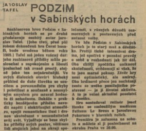 Jaroslav Tafel - Podzim v Sabinských horách. In Čs. rozhlas a televize 1-1969 (19. 12. 1968), s. 17 (článek).