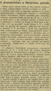 K dramatickému a literárnímu pořadu. In Náš rozhlas 18-1950 (30. 4. 1950), s.