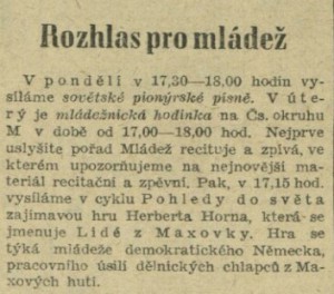 Kovářík, Vladimír - Rozhlas pro mládež. In Náš rozhlas 44-1950 (30. 10. 1950), s.