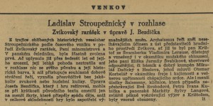 Ladislav Stroupežnický v rozhlase. Zvíkovský rarášek v úpravě J. Bezdíčka. In Venkov, 23. 1. 1945, s. 4 (recenze).