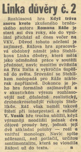 Linka důvěry č. 2 (Když tráva znovu kvete). In Večerní Praha, duben 1967 (Recenze)