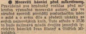 Moravští básníci před mikrofonem. In Národní listy, 1. 4. 1941 (anotace).