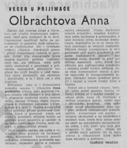 Mračno, Oldřich - Večer u přijímače. Olbrachtova Anna. In Rudé právo, 22. 4. 1975, s. 5 (recenze).