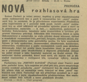 Nová rozhlasová hra (Portrét klesání). In Čs. rozhlas a televize 51-1969 (8. 12. 1969), s. 7 (článek)