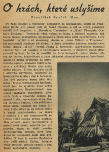 O hrách, které uslyšíme. František Zavřel - Hus. In Radiojournal 27-1936 (4. 7. 1936), s. 10