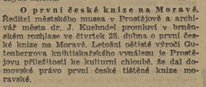 O první české knize moravské. In Venkov 24. 4. 1940