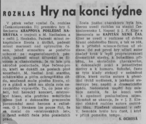 Ochová, Sheila - Rozhlas. Hry na konci týdne. In Rudé právo, 22. 2. 1966 (recenze).