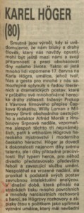 Pekárek, Hynek - Karel Höger (80). In Rozhlas 25-1989 (5. 6. 1989), s. 1 (článek)