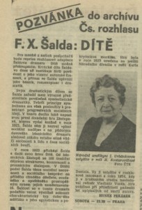 Pekárek, Hynek - Pozvánka do archívu Čs. rozhlasu - F. X. Šalda - Dítě. In Rozhlas 14-1987 (23. 3. 1987), s. 4 (článek)