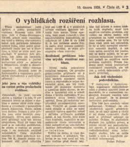 Policar, Dušan - O vyhlídkách rozšíření rozhlasu. In Národní listy, 10. 2. 1939, s. 3