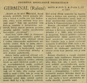 Premiéra rozhlasové dramatizace Germinal (Rašení). In Čs. rozhlas a televize 36-1959 (25. 8. 1959), s. 15 (článek).