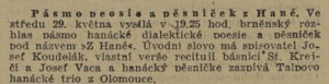 Pásmo poesie a pěsniček z Hané. In Venkov, 29. 5. 1940