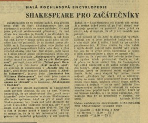 Přidal, Antonín - Shakespeare pro začátečníky. In Čs. rozhlas 29-1964 (7. 7. 1964), s. 1 (článek).