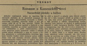 Romance o Kamenickém ševci. Starosvětské obrázky s hudbou. In Venkov, 2. 2. 1945, s. 4 (recenze).