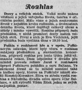 Rozhlas - Dcery o velkých otcích, Puškin. In Národní osvobození, 5. 1. 1937, s. 6 (zpráva)