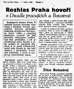 Rozhlas Praha hovoří o Divadle pracujících a Botostroji. In Tep nového Zlína, 7. 1. 1948, s. 3 (článek).