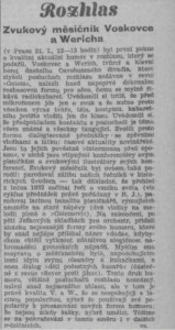 Rozhlas - Zvukový měsíčník Voskovce & Wericha. In Národní osvobození, 4. 2. 1932, s. 5 (recenze).
