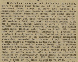 Rozhlas vzpomíná Jakuba Arbesa. In Venkov, 12. 6. 1940