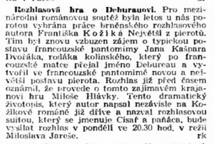 Rozhlasová hra o Debureauovi. In Lidové noviny 1939-502 (7. 10. 1939) (článek)