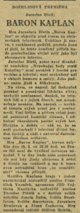 Rozhlasová premiéra Baron Kaplan. In Čs. rozhlas a televize 12-1959 (10. 3. 1959), s. 7 (článek).