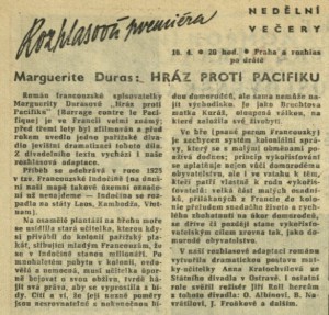 Rozhlasová premiéra. Hráz proti Pacifiku. In Čs. rozhlas a televize 15-1961 (4. 4. 1961), s. 4 (článek)