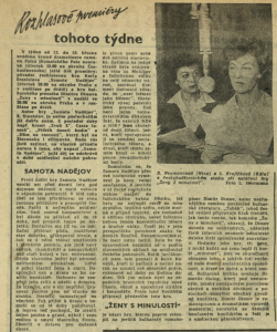 Rozhlasové premiéry tohoto týdne (Samota Nadějov, Ženy s minulostí). In Čs. rozhlas a televize 11-1961 (7. 3. 1961), s. 2 02