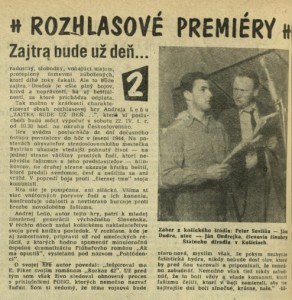 Rozhlasové premiéry. Zajtra bude už deň... In čs. rozhlas a televize 16-1961 (11. 4. 1961), s. 4