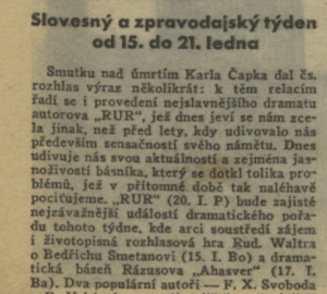 Slovesný a zpravodajský týden od 15. do 21. ledna. In Náš rozhlas 3-1939 (14. 1. 1939), s. 2 (článek).