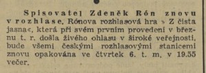 Spisovatel Zdeněk Rón znovu v rozhlase. In Venkov, 5. 6. 1940