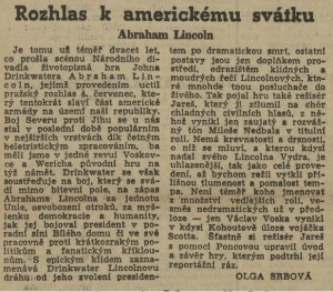 Srbová, Olga - Rozhlas k americkému svátku. Abraham Lincoln. In Práce, 6. 7. 1945, s. 5 (recenze)