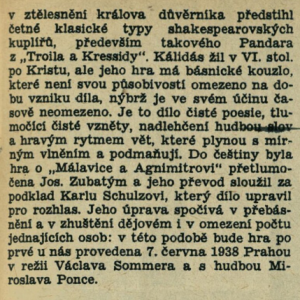 Staroindické drama v rozhlase. In Radiojournal 23-1938 (5. 6. 1938), s. 7