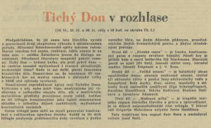 Tichý Don v rozhlase. In Československý rozhlas a televise 46-1964 (9. 11. 1964), s. 1 (článek).