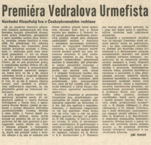 Tomáš, Jiří - Premiéra Vedralova Urmefista. Nevšední filozofická hra v Československém rozhlase. In Rudé právo, 23. 12. 1987, s. 5 (recenze).