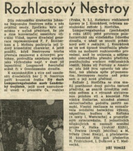 Tomáš, Jiří - Rozhlasový Nestroy. In Rudé právo, 14. 1. 1987, s. 5 (recenze).